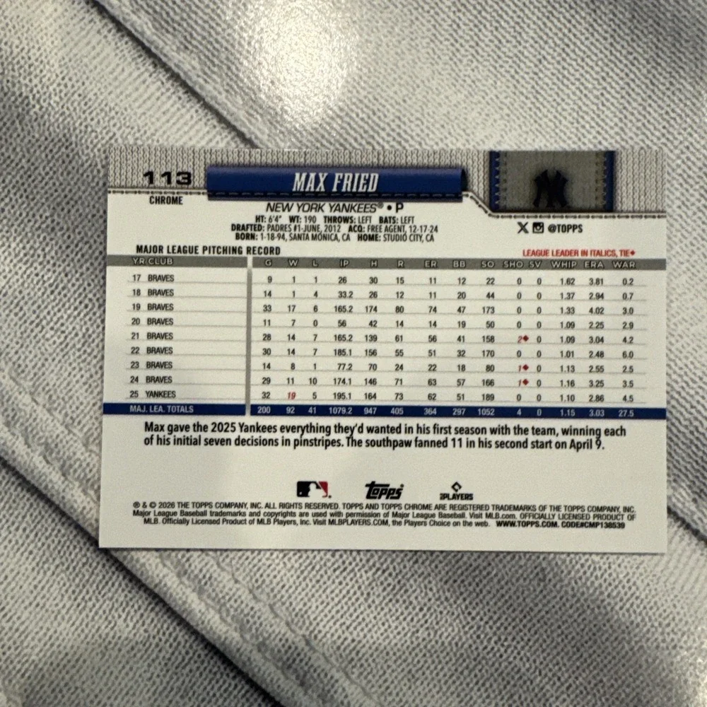 2026 Topps Chrome Max Fried #113 Red White & Blue Refractor Yankees